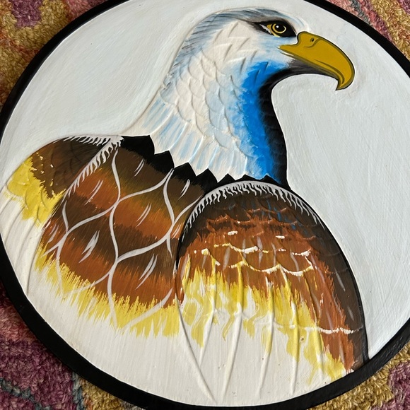 Vintage 11.75" Handpainted Eagle Wall Art White, Blue, Brown, Yellow Indonesia - Picture 3 of 14